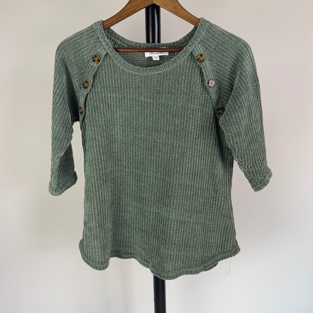 Anneliese Womens Sage Green Chenille Waffle Knit Button Shoulder Sweater Size S